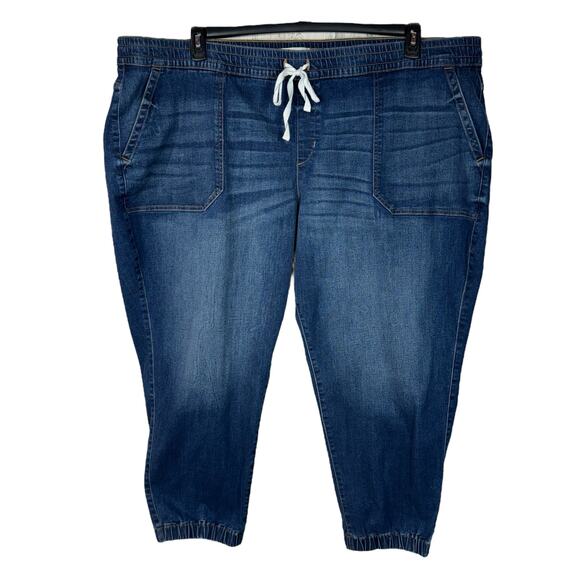 Lane Bryant SZ 28 Boyfriend Crop Jogger Jeans Mid-Rise Pull-On Drawstring Blue - Picture 1 of 7
